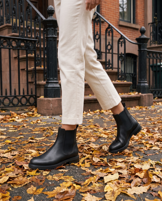Chelsea Boots with Elastic Panels and Pull Tab — worn on a New York street in autumn