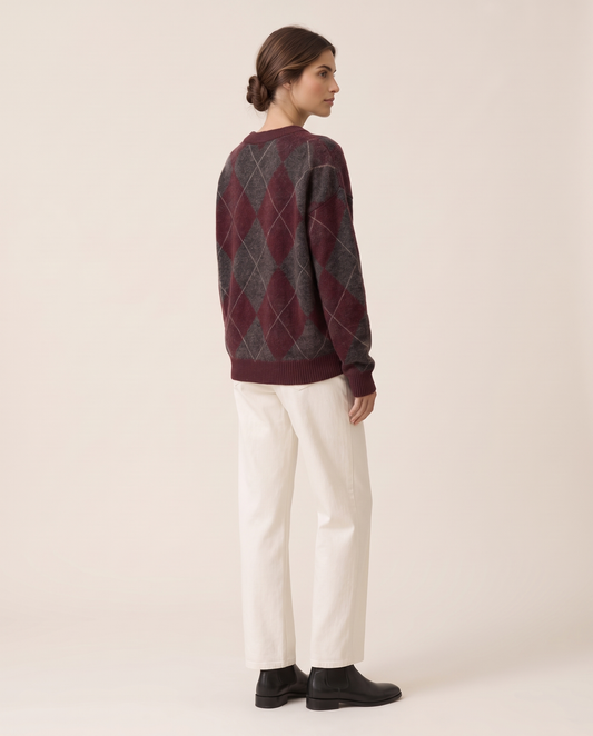 Jermyn Oversized Two-Tone Argyle Crew Neck Sweater — three-quarter view