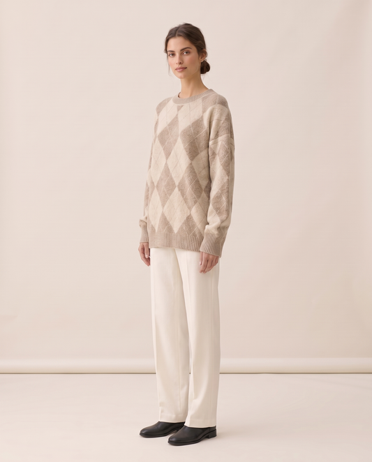 Lantern Oversized Argyle Drop-Shoulder Crew Neck Sweater — three-quarter view