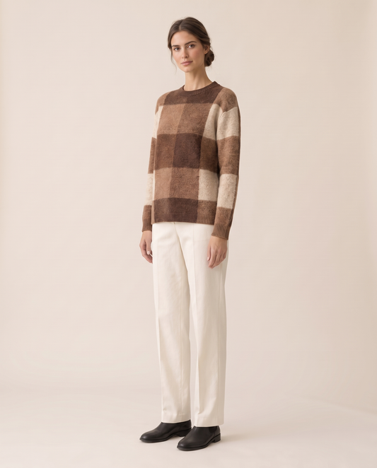 Foxhollow Relaxed Plaid Crew Neck Sweater — three-quarter view