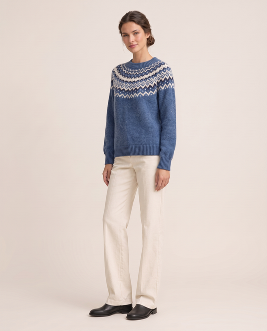 Marblehead Cozy Blue Nordic Knit Sweater — three-quarter view