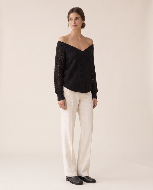 Ischia Relaxed Off-Shoulder Cable Knit V-Neck Sweater — three-quarter view
