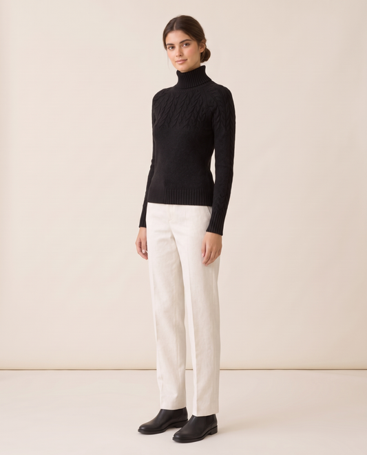 Gloucester Warm Cable Knit Ribbed Turtleneck Sweater — three-quarter view