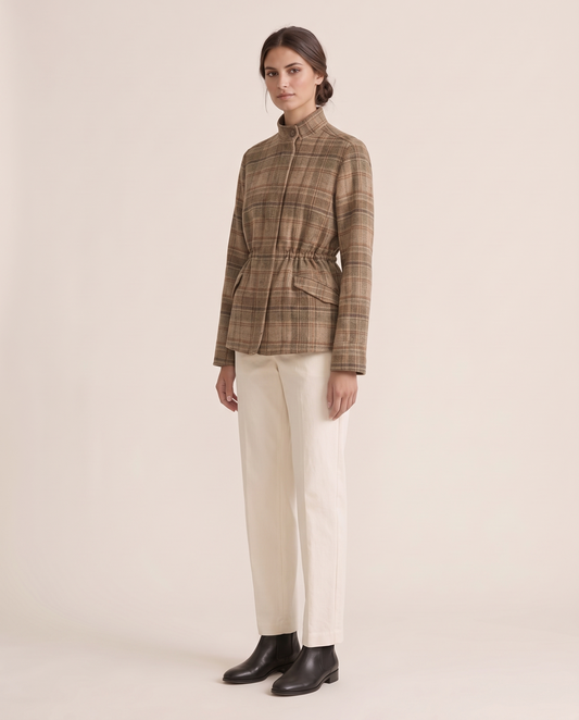 Vintage Plaid Waist-Cinched Jacket — three-quarter view