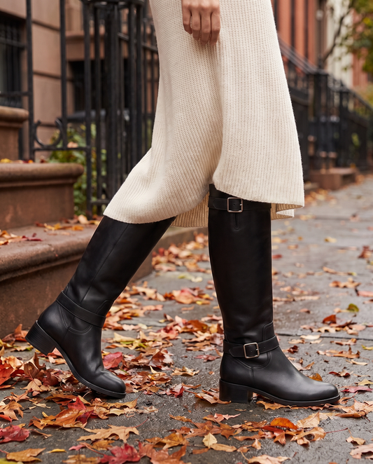 Knee-High Riding Boots with Buckle Straps and Low Block Heel — walking on a New York street in autumn