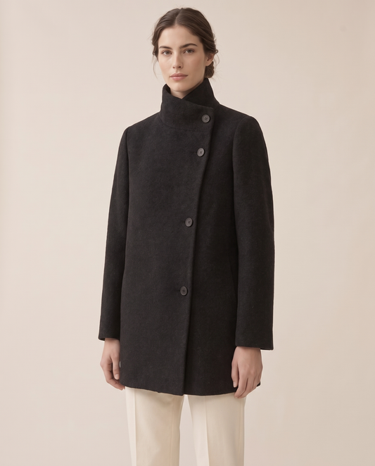 Wool-Blend Coat with Tall Stand Collar — three-quarter view