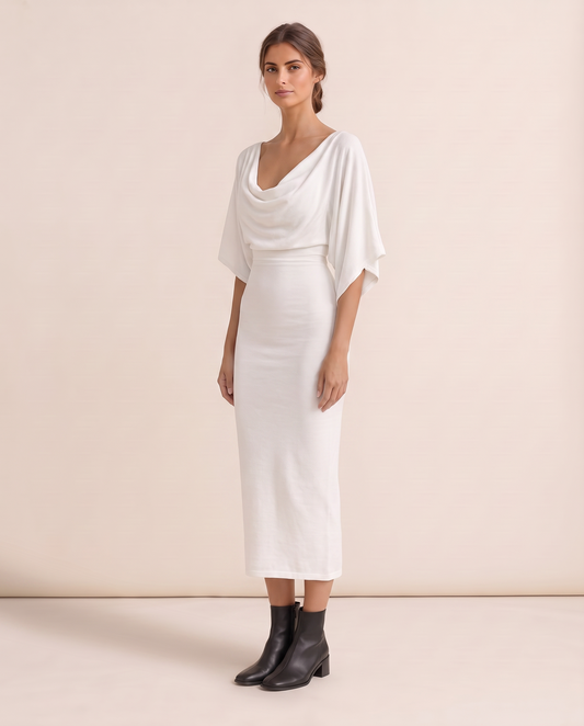 Harrow Sleek Batwing Sleeve Knit Midi Dress — three-quarter view