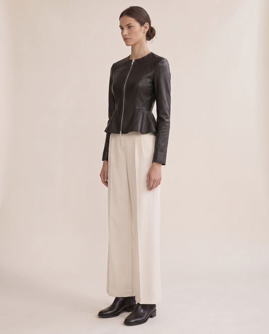 Cropped Fit-and-Flare Leather Jacket — three-quarter view