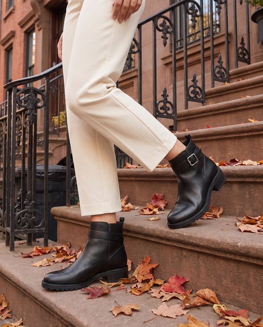 Leather Ankle Boots with Buckle and Side Zip — worn on a New York street in autumn