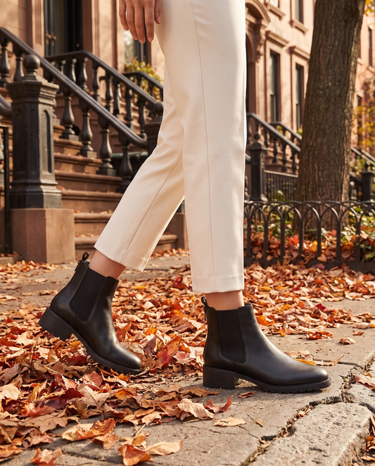 Chelsea Ankle Boots with Low Block Heel and Zip — worn on a New York street in autumn