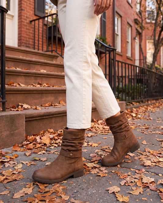 Slouchy Ankle Boots with Memory Foam Footbed — worn on a New York street in autumn