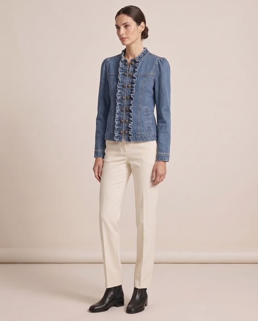 Ruffle-Trim Denim Jacket for Women — three-quarter view