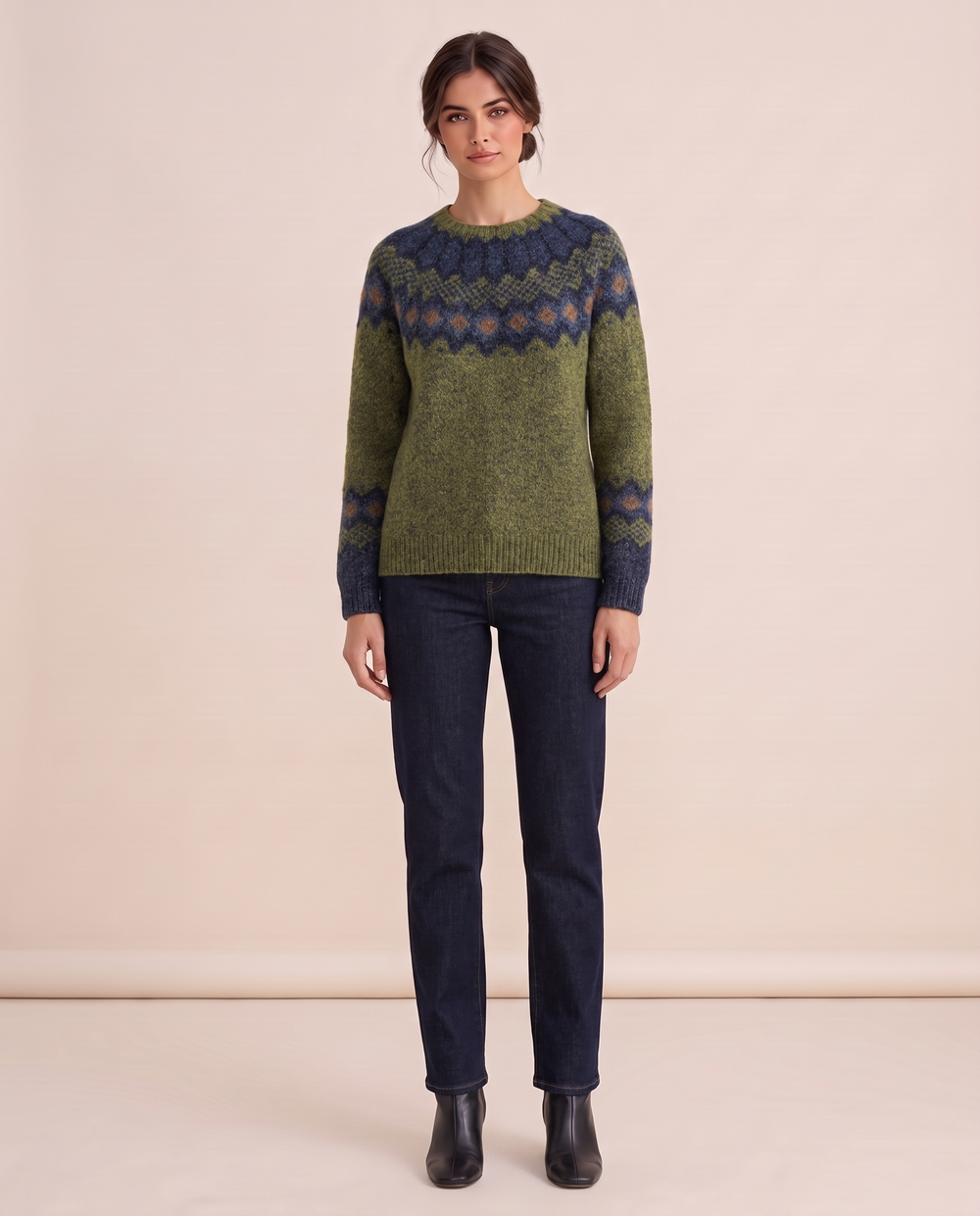 ONORA Ravine Classic Green Nordic Pattern Knit Sweater — front full length