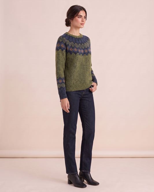 ONORA Ravine Classic Green Nordic Pattern Knit Sweater — three-quarter view