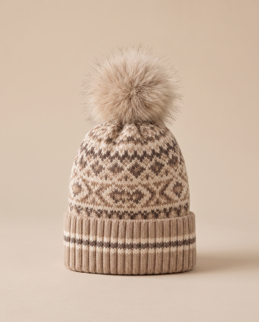 ONORA Cottage Warm Fair Isle Cashmere Pom-Pom Beanie — front view, Beige