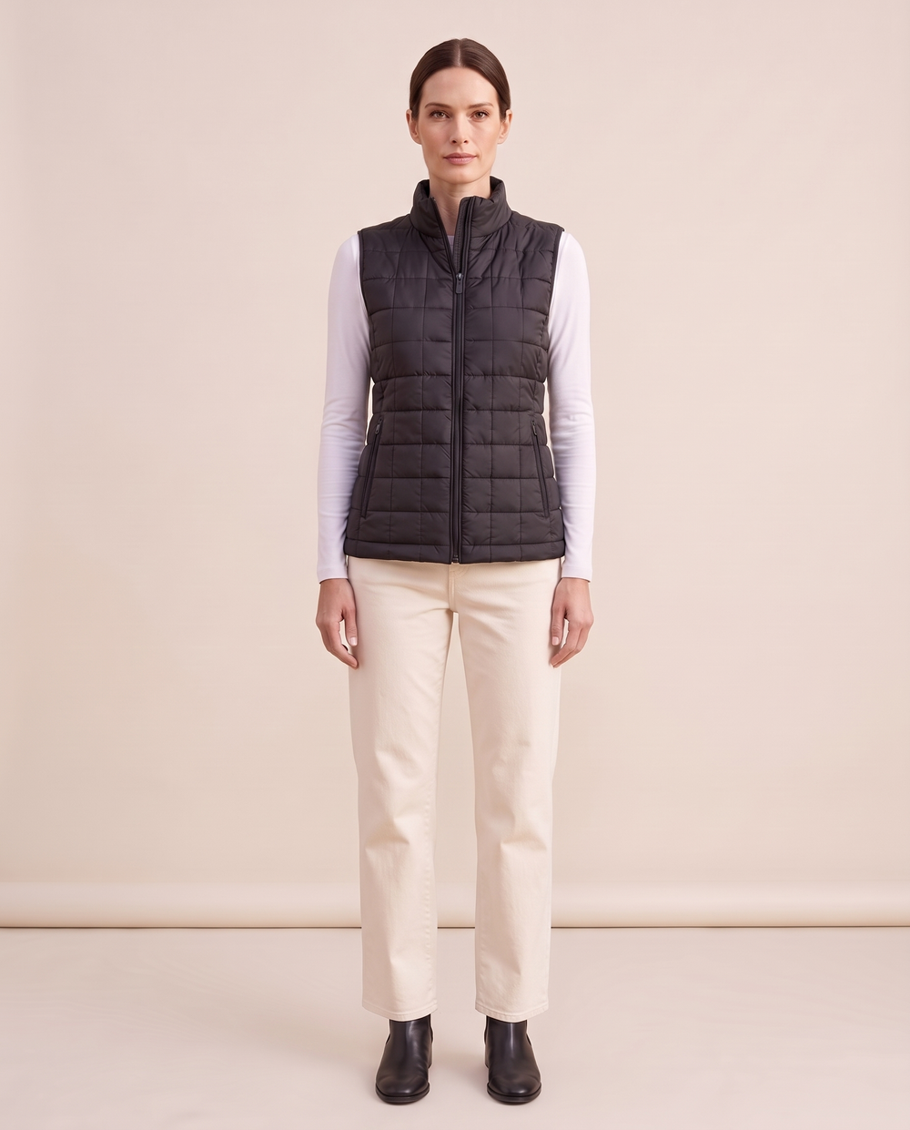 Mapleton Lightweight Stand-Collar Quilted Vest — studio front