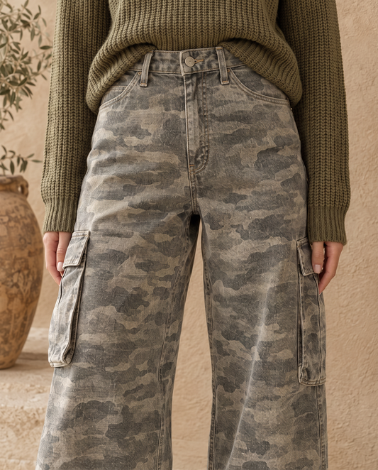 Waist-down view of camo wide-leg cargo jeans with cargo pockets
