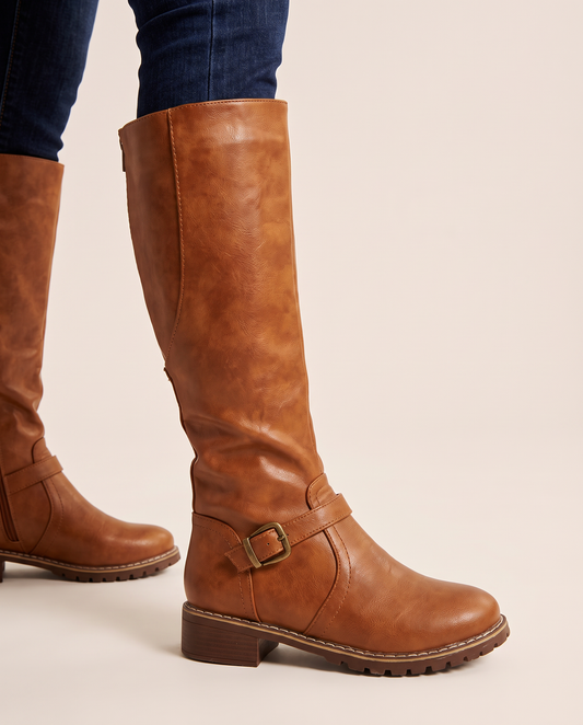 Knee-High Riding Boots with Buckle Strap for Women — ankle buckle strap detail, on foot