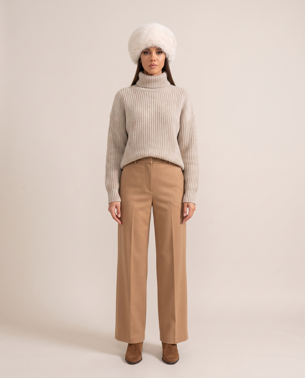 Ivory Faux Fur Hat with Wide Rolled Brim — studio front