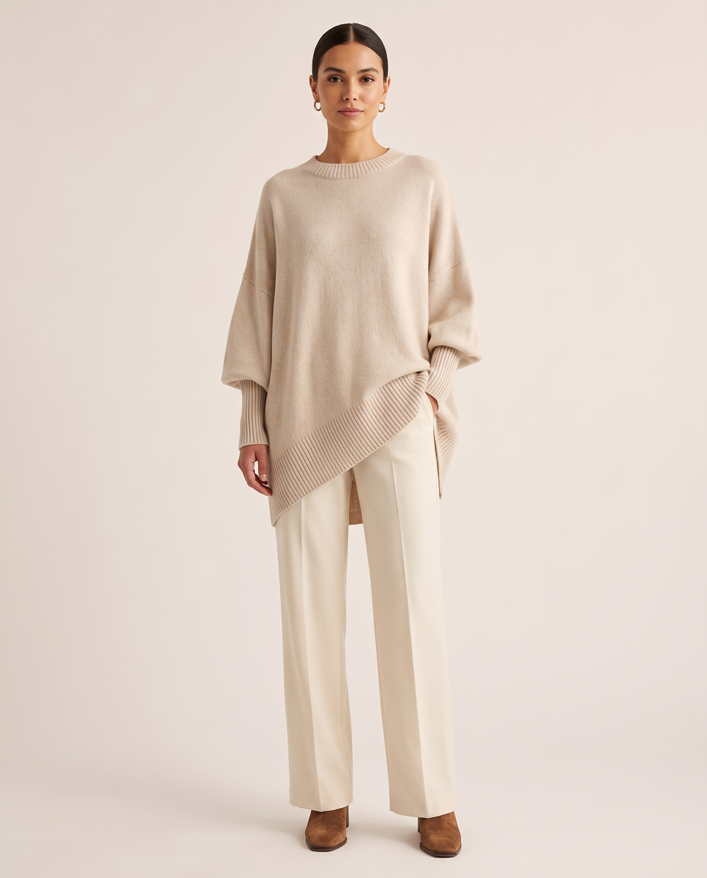 Women's Oversized Crew Neck Knit Sweater — beige, studio front