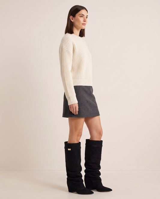 Women's Black Slouchy Suede Knee High Boots — three-quarter view