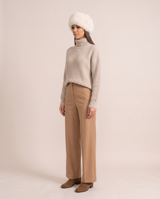 Ivory Faux Fur Hat with Wide Rolled Brim — three-quarter view