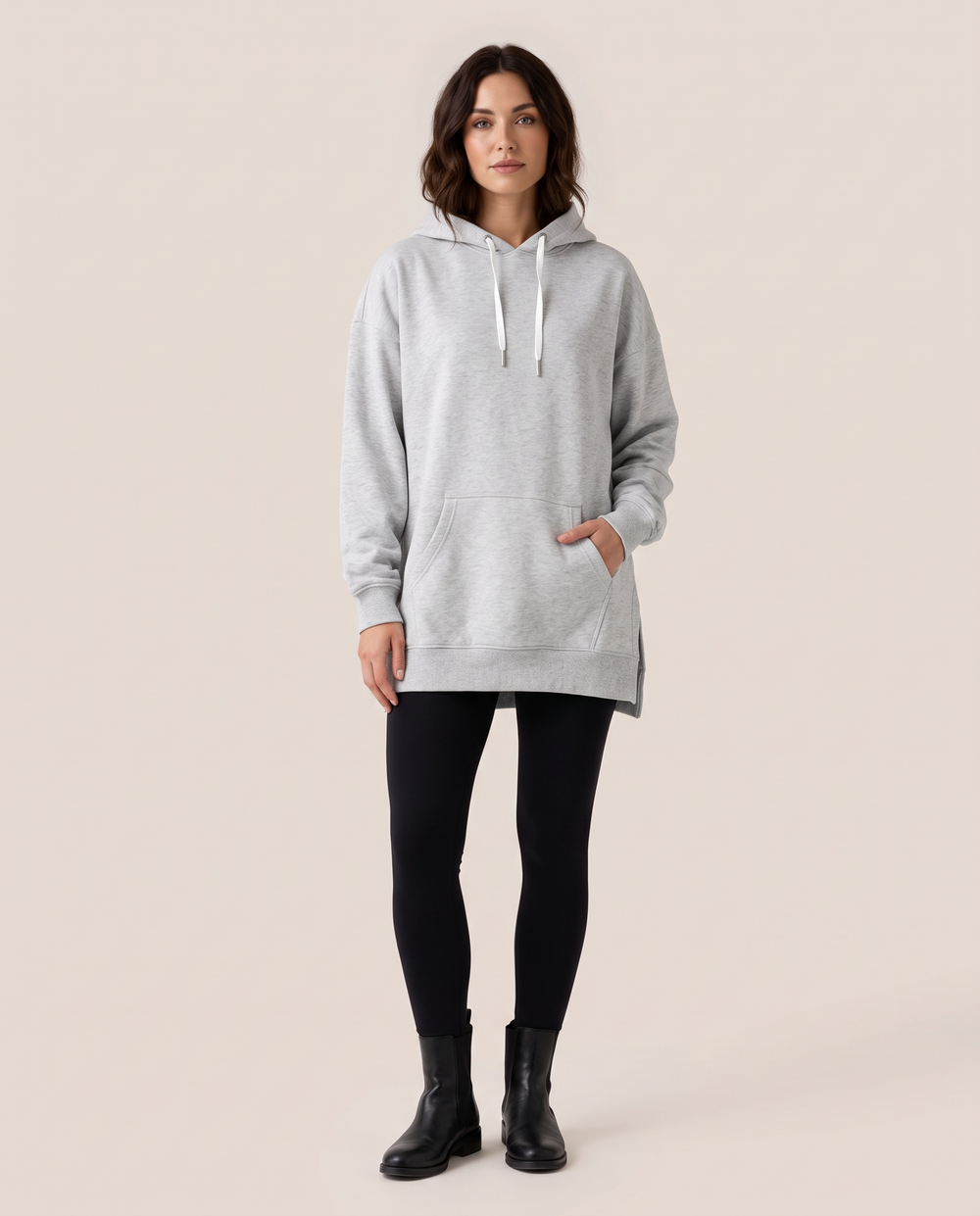 Oversized Hoodie Dress — studio front, heather gray
