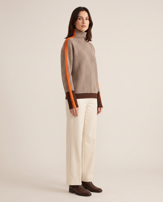 Striped Herringbone Turtleneck Sweater — three-quarter view