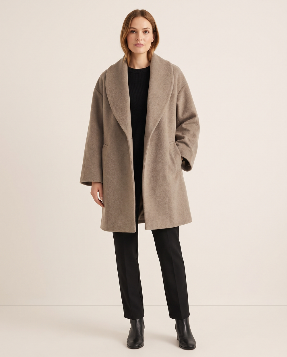 Women's Oversized Wool-Look Cocoon Coat — studio front