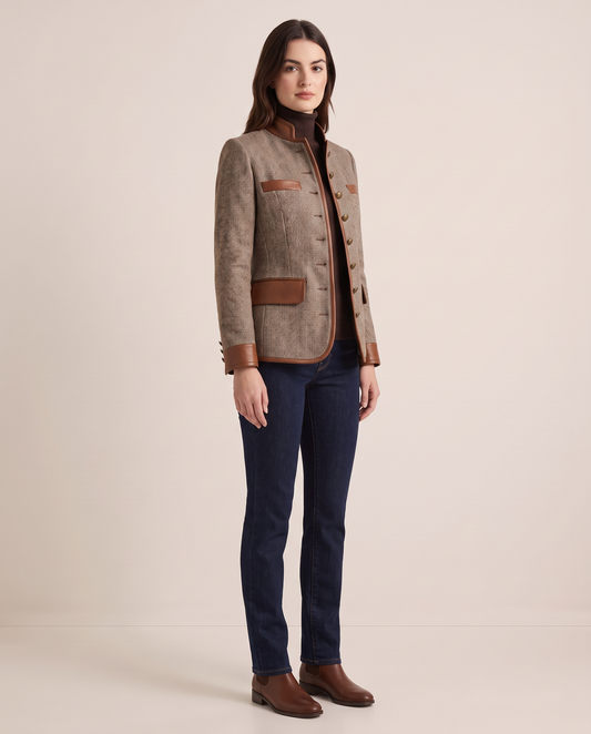 Women's Tweed Jacket with Stand Collar, Faux Leather Trim — three-quarter view
