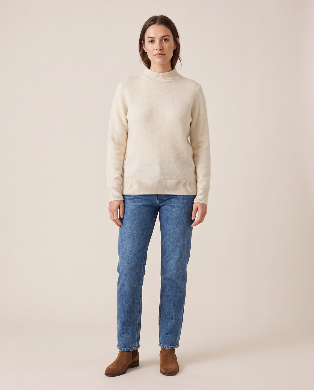 Women's Cashmere Crew Neck Sweater — cream, studio front
