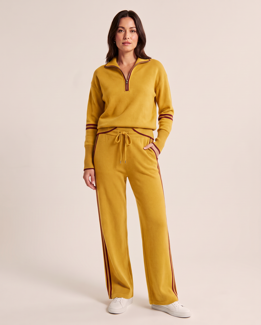 Wide Leg Sweatpants Set with Half Zip Pullover — mustard yellow, studio front