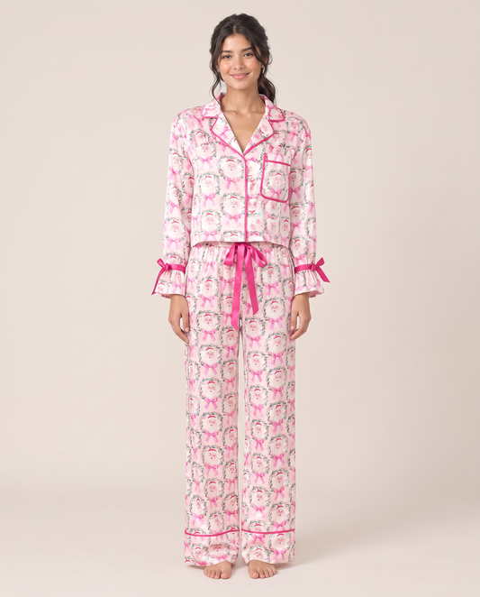 Women's Christmas Pajamas, Satin Bow-Cuff PJ Set — Pink Santa, studio front