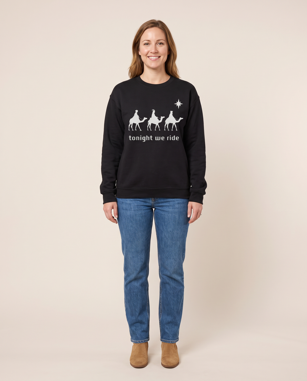 Women's Christmas Sweater, Tonight We Ride Wise Men Sweatshirt — black, studio front