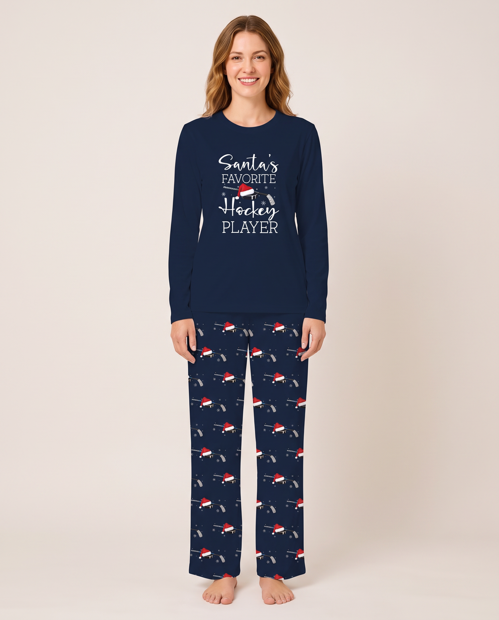 Family Christmas Pajamas, Santa's Favorite Hockey Player PJs — navy, studio front