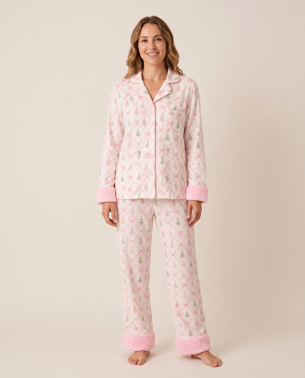 Matching Christmas Pajamas, Mommy and Me Pink Tree & Bow PJ Set — Mom, studio front