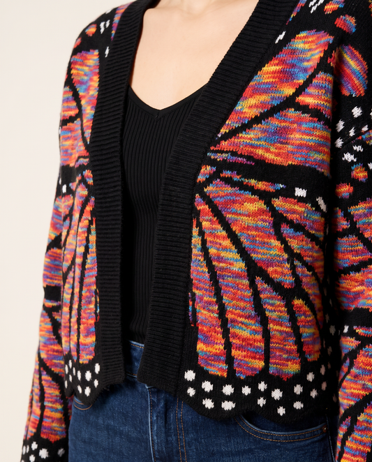 Women's Cropped Butterfly Wing Cardigan — rainbow, close-up of the knit wing pattern and dotted hem