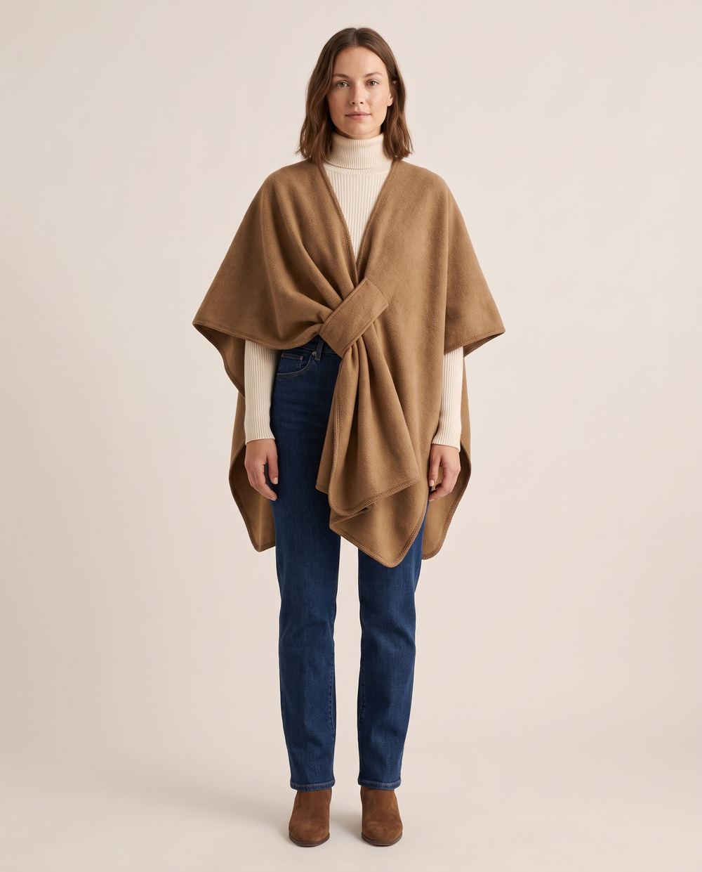 Women's Fleece Shawl Wrap in Camel — studio front