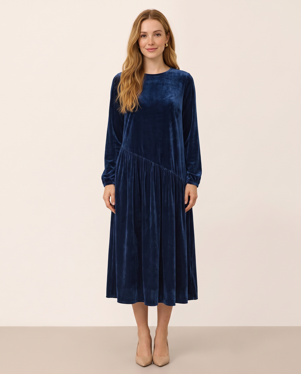 Women's Velvet Midi Dress, Long Sleeve — ink blue, studio front
