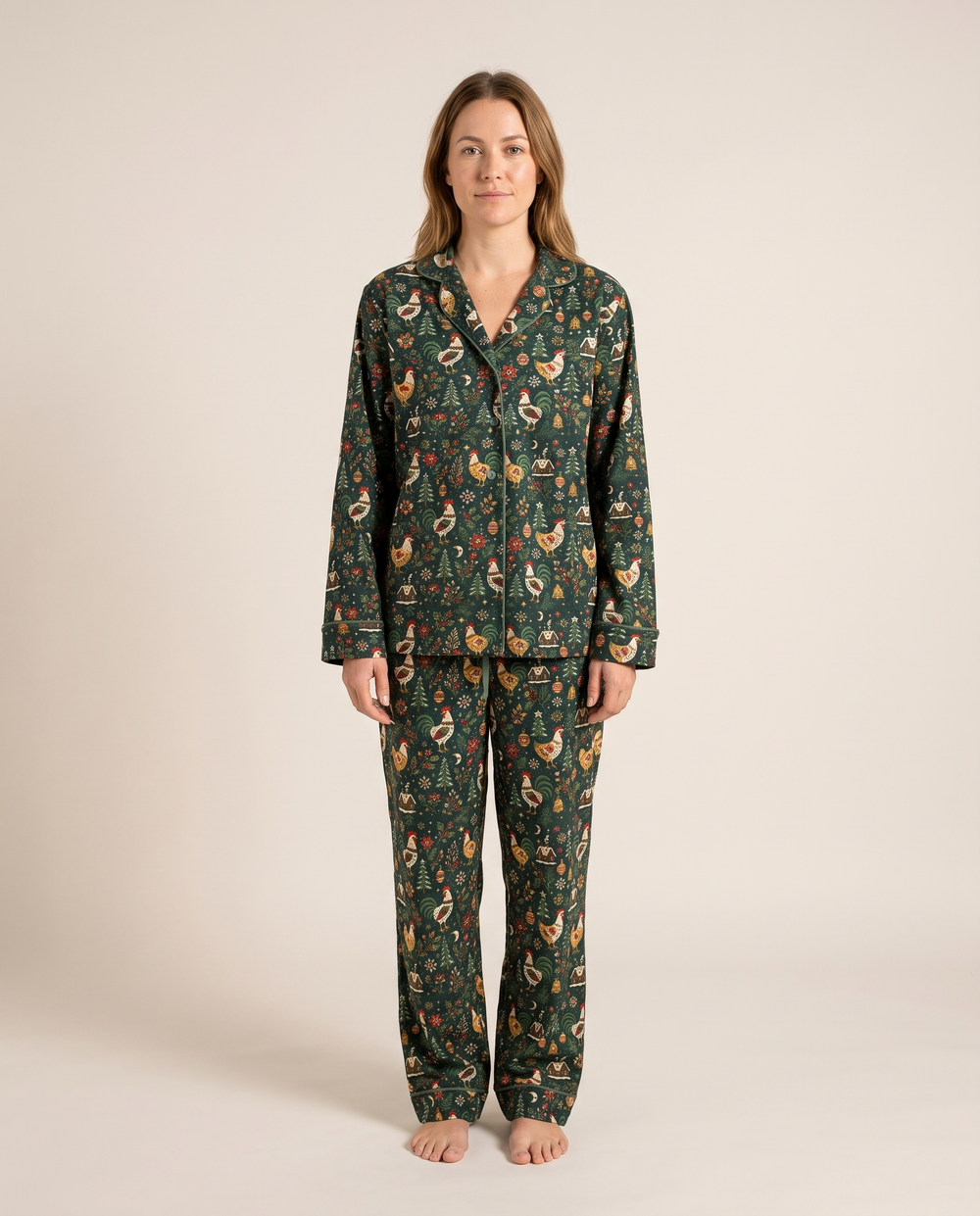 Christmas Pajamas, Folk Chicken Print Notch Collar PJ Set — forest green, studio front