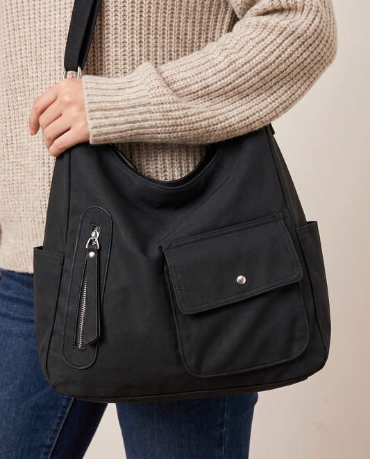 Women's Convertible Shoulder Bag, Crossbody Backpack Purse — snap flap pocket, vertical zip pocket and side pocket detail
