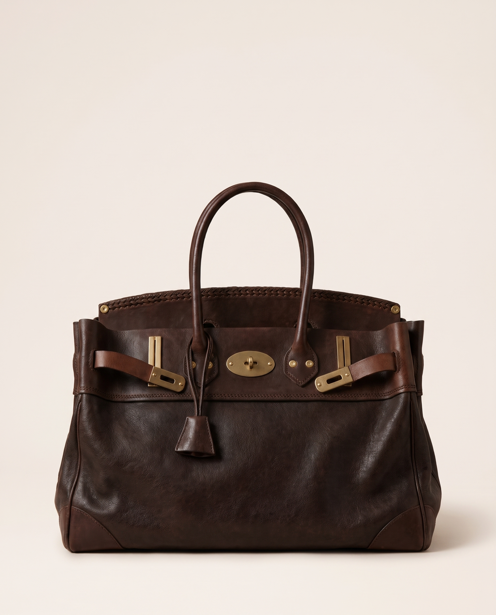 Women's Top Handle Tote Bag, Leather & Canvas Satchel Handbag — chocolate leather, studio front