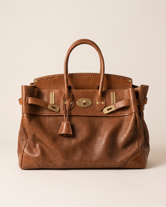 Women's Top Handle Tote Bag, Leather & Canvas Satchel Handbag — cognac leather, studio front