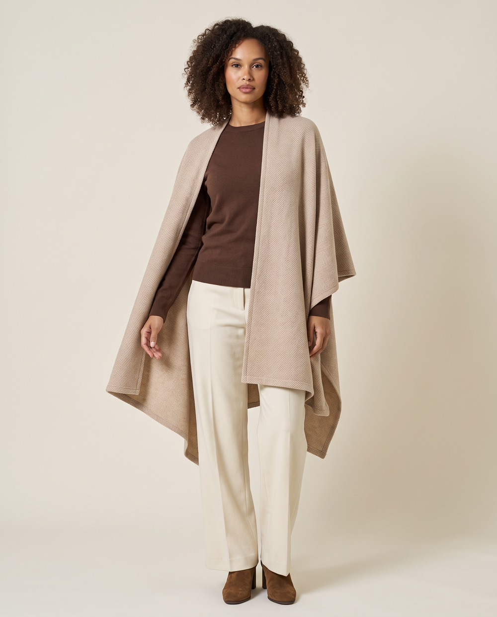 Women's Herringbone Blanket Shawl in Wheat, studio front
