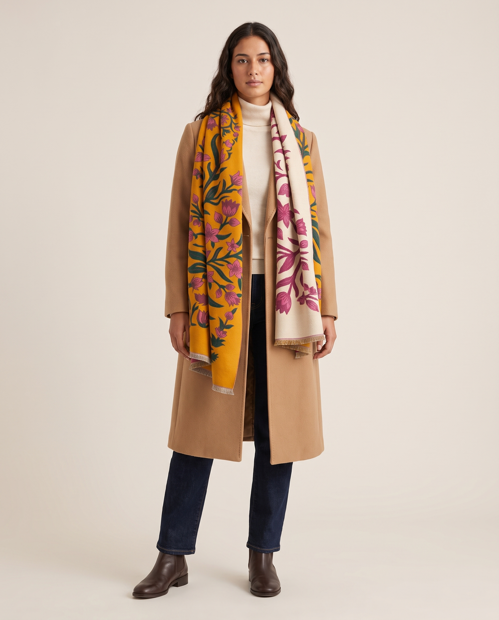 Women's Reversible Botanical Blanket Scarf in Yellow, studio front