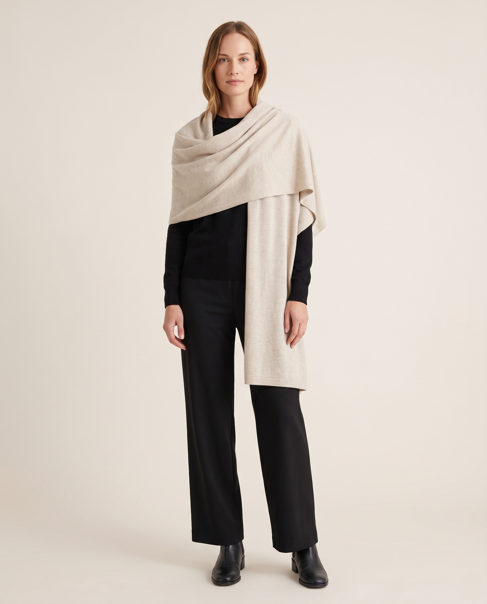Women's Organic Cotton Travel Scarf in Birch, studio front, worn as a shawl