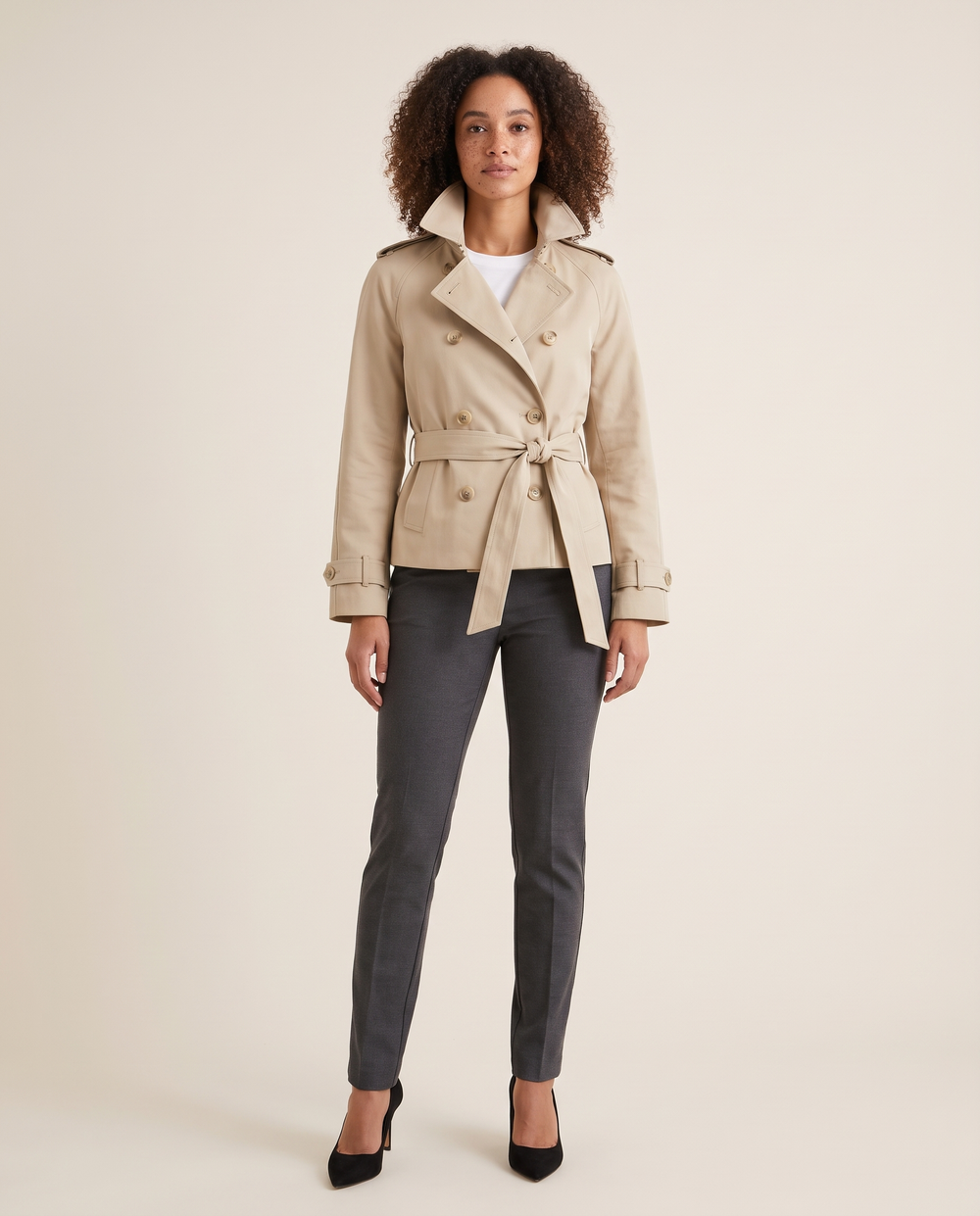 Women's cropped double-breasted trench jacket with belt in beige, studio front