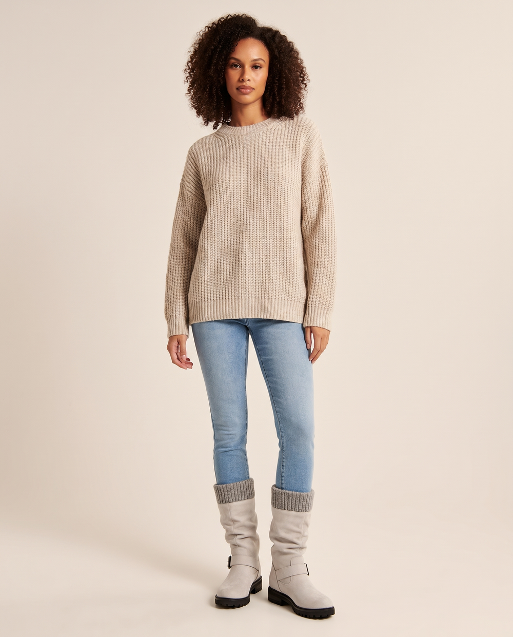 Women's slouch mid-calf boots with knit cuff in grey faux suede, studio front