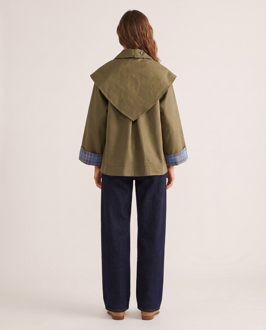 Cape collar swing trench coat for women, back view