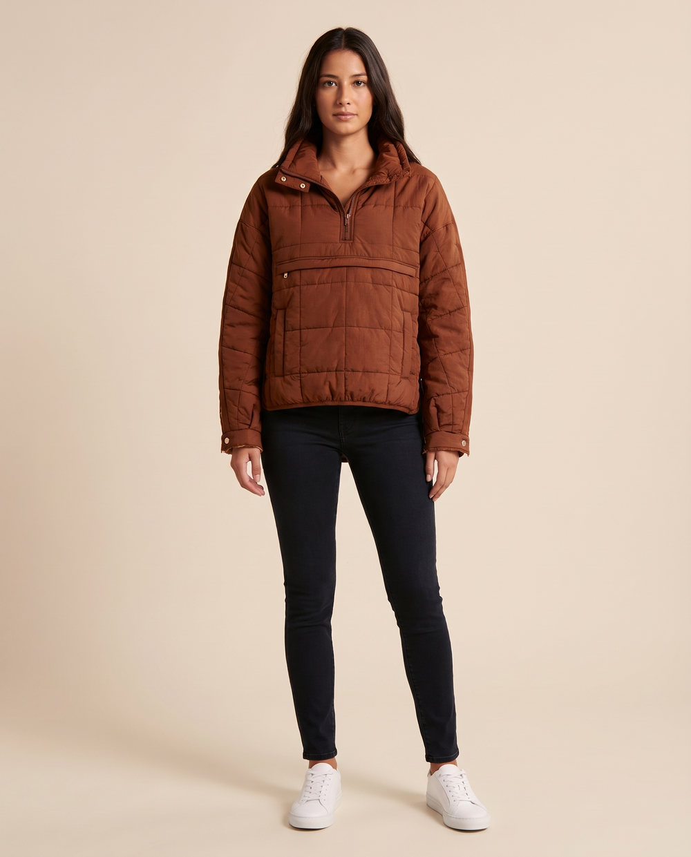 ONORA quilted puffer pullover - front view, dark brown